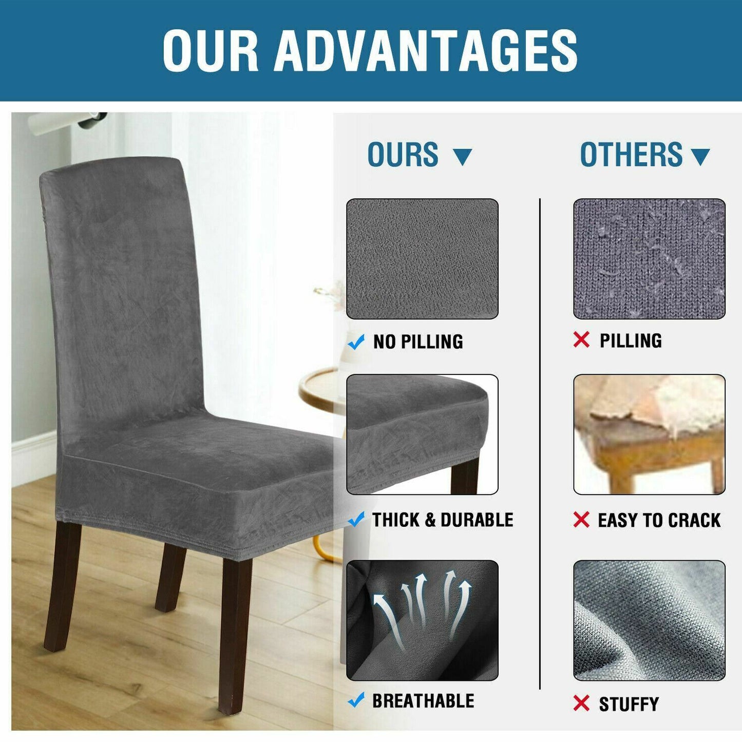 Velvet Fabric - Dining Chair Covers in Grey and Black - Trendy Home Decors and Furnishings