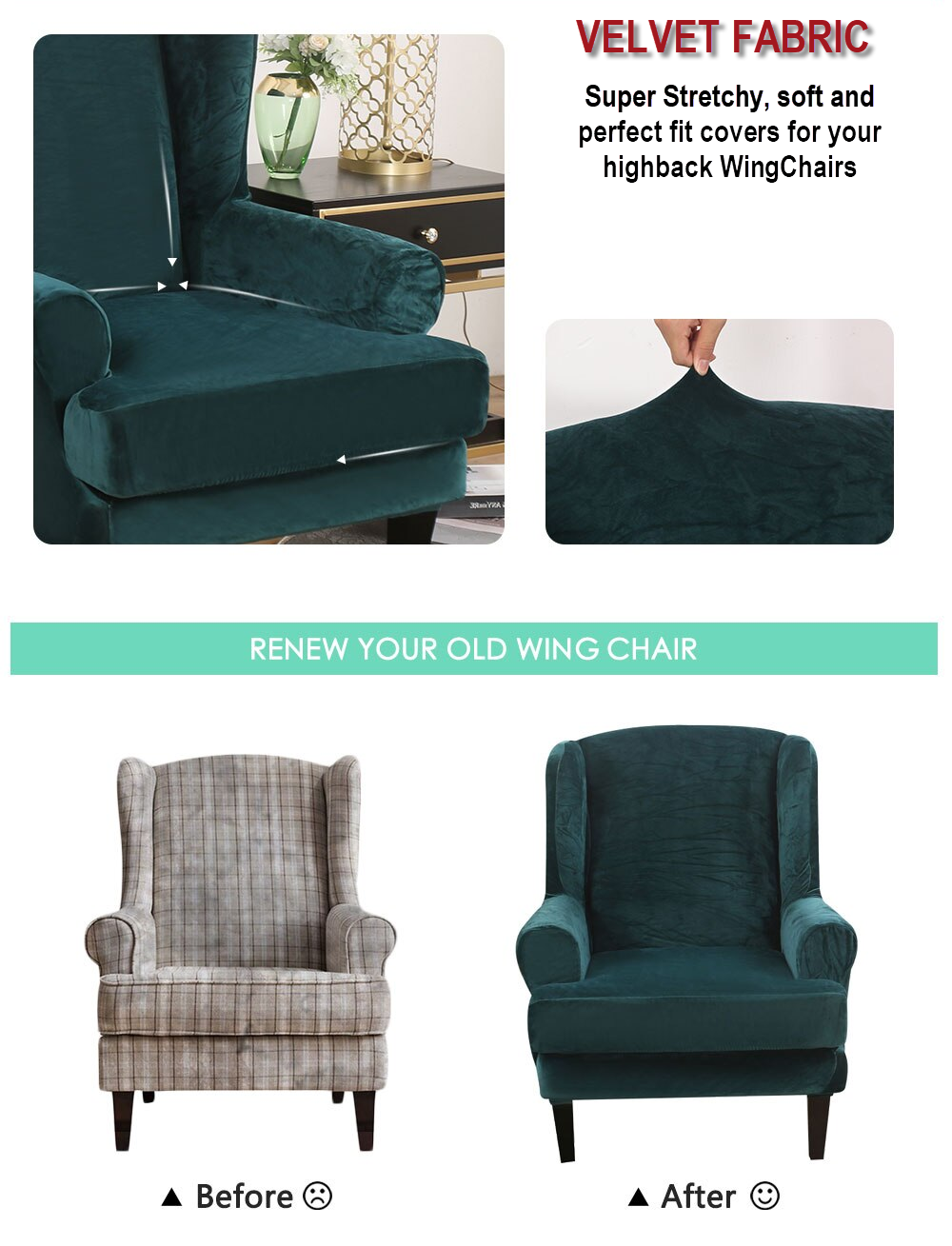 Wingback chair cover Velvet high back stretch full fit cover slipcover furniture - Trendy Home Decors and Furnishings